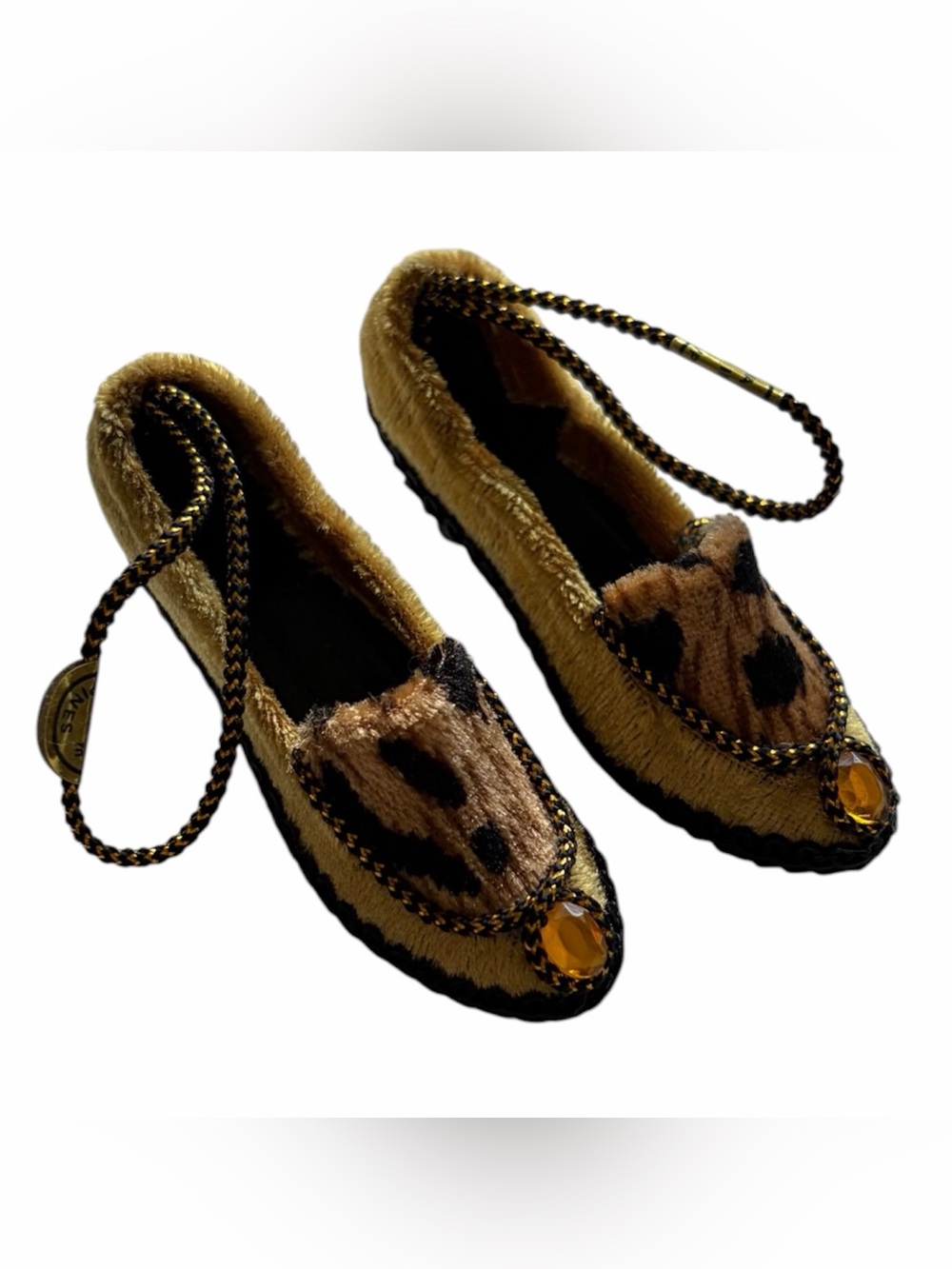 Mini Ornament Leopard Print Heeled Shoes with Gemstone and Hanging Cord